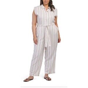 ELLA Rafaella Jumpsuit Women's 3X Tan Brown Striped Tie Waist